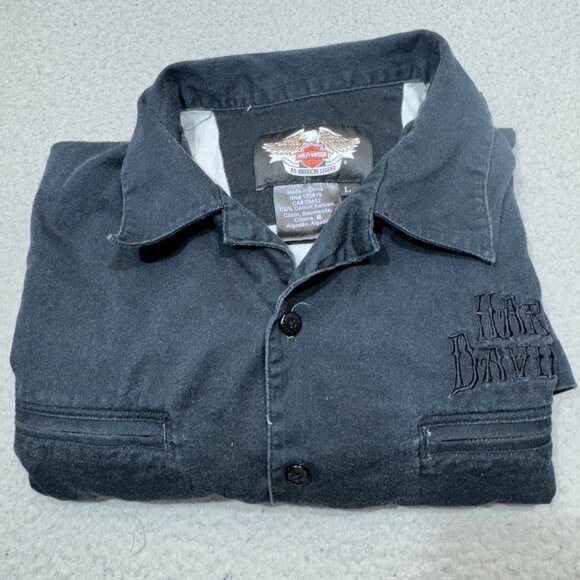 Harley Davidson Shirt Men Large Black‎ Orange Flames Script Bar Shield Zip Short - Picture 6 of 16